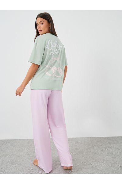 Styli Slogan Print Short Sleeve T-Shirt and Pyjama Set