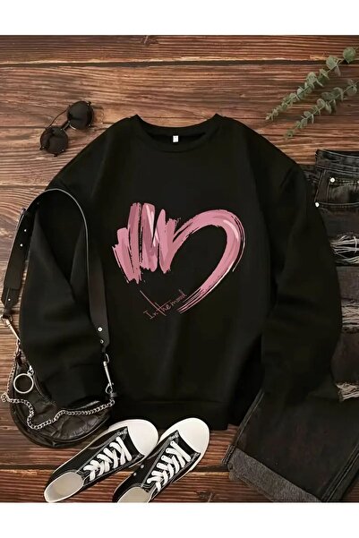 caddekombin In the Mood Heart Printed Crew Neck Black Sweatshirt