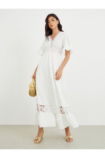 Styli Lace Detail Short Sleeves A-Line Maxi Dress