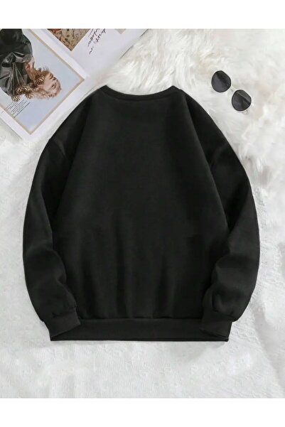 caddekombin Όμορφο μαύρο φούτερ με στάμπα με λαιμόκοψη