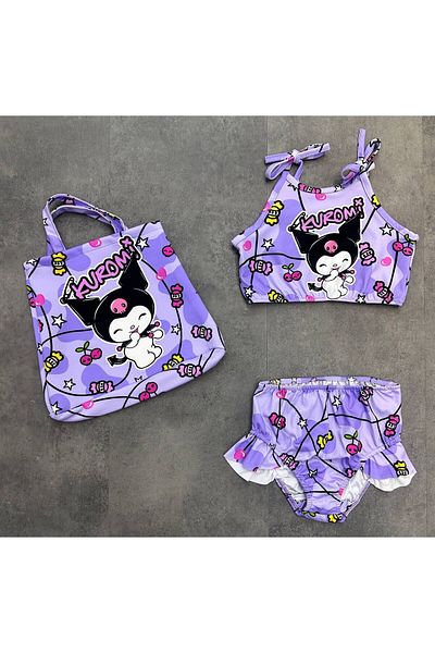 ARBİ kids Female Child Kuromi Submersible Fabric Quality Die Bagged Three-Piece Swimsuit Bikini Summer Vacation
