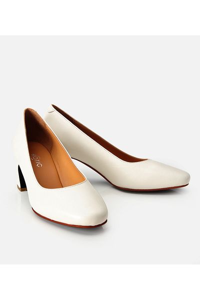Hotiç Women's Leather Ecru Comfortable Thick Heeled Shoes