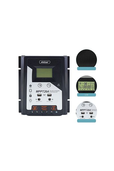 divendi-ro Andowl MPPT20A solar panel voltage controller, 12/24V, LCD display, MPPT 20A, black