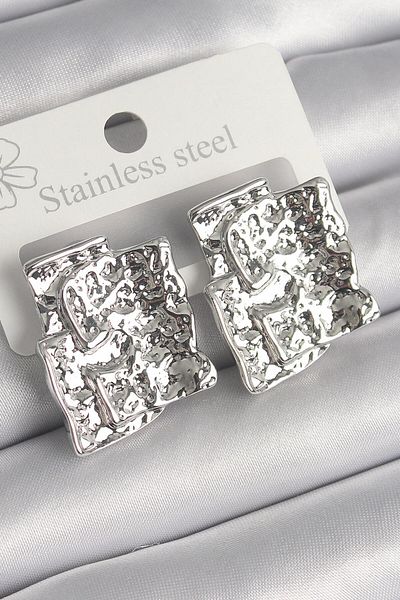 REBORN DESIGN Brass Silver Color Embroidered Square Plate Model Women's Earrings