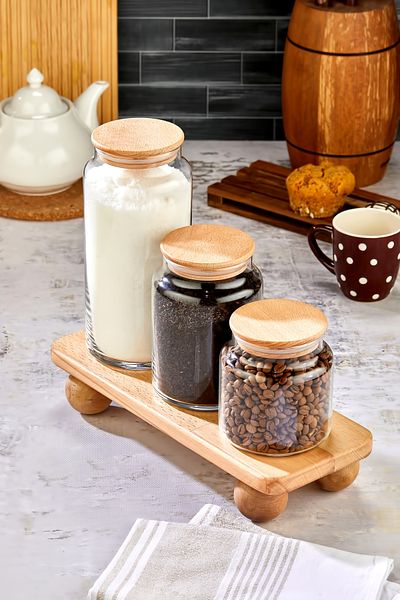 MODA OZY Set of 3 Vacuum Jars with Wooden Lid Storage Container with Stand 1300/800/500ml