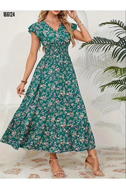 moda wanilia Women's Elastic Waist Floral Patterned Double Breasted Collar Single Breasted Dress