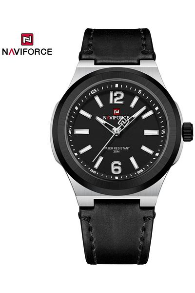 Naviforce Stylish Stainless Steel Analog Wrist Watch for Men with Leather Strap Water Resistant Classic Design