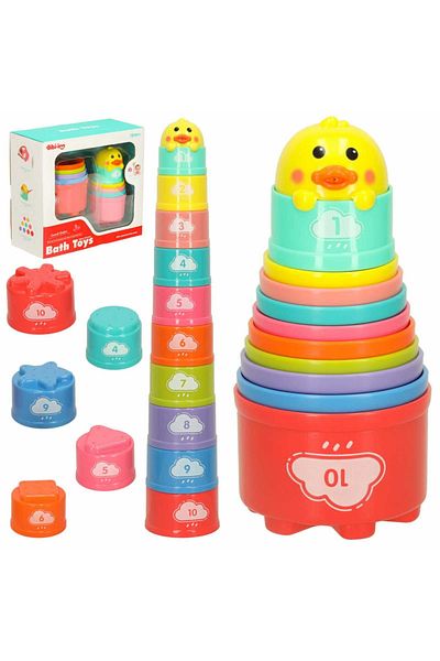 Micostore Bath Cup Tower, 11 Colorful Pieces, Duck Tip, Educational Water Toy, 18 Months+