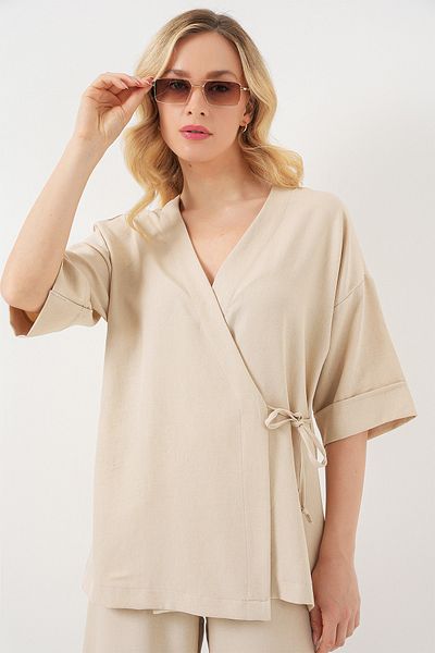 Bigdart Women's Tie Front Top and Bottom Set 6745 - Beige