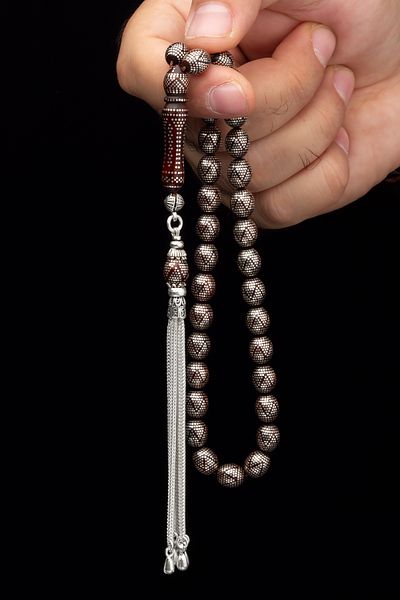OTTOTESBİH Men's Silver Püksül 8X10Mm Beyzi Cut Dense Silver Embroidered Kuka Tesbih
