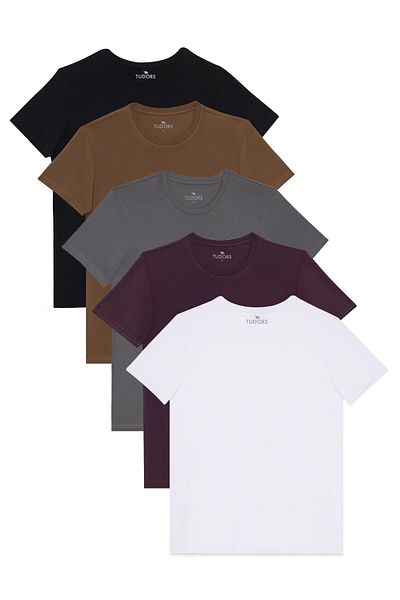 Tudors Unisex 5-Pack White-Purple-Grey-Brown-Black Slim Fit Slim Fit 100% Cotton Crew Neck T-Shirt
