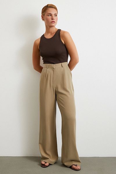 Never more Linen Palazzo Trousers Khaki