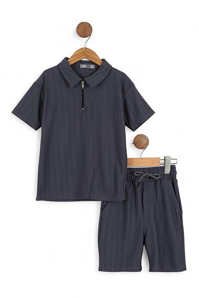 Ege Bebek Boy's Slim Fit Zipper Collar Shorts Stylish 5-6-7-8-9-10-11-12 Years Bottom Top Cool Set