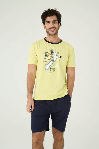 İPEKTENİM Harita Figürleri Baskılı Biyeli Erkek Şort Pijama Takımı