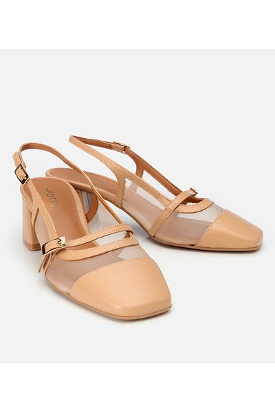 Hotiç Women's Leather Beige Mesh Open Back Heeled Shoes