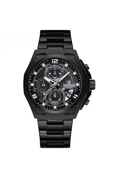 Naviforce Men’s Black Chronograph Stainless Steel Watch with Luminous Hands and Multi-Function