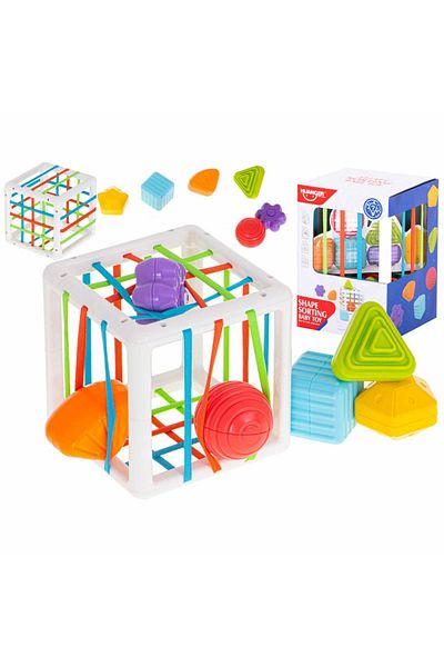 Micostore Montessori Sensory Cube Toy with Shapes and Elastic Bands, Educational Puzzle, 7 Pieces, 12 months+