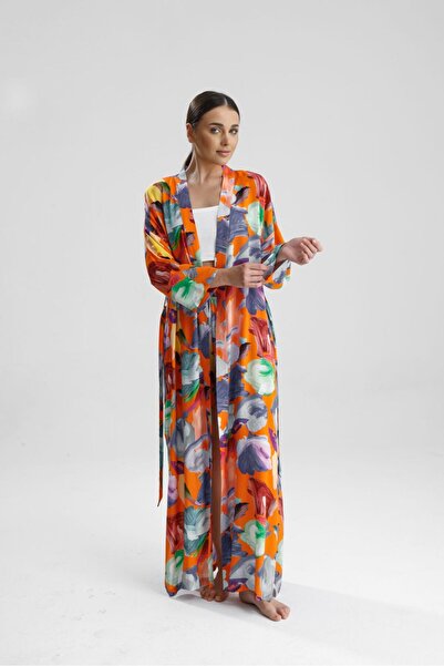GACA COLLECTION LİANA kemerli çok renkli şortlu kimono plaj takım