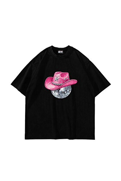 Bak Moda Tricou negru oversize unisex cu imprimeu Cow Girl