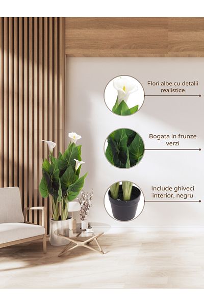 Koopman Artificial Calla Plant, Azay Design, with green leaves and white flowers, in black pot, H 100 cm