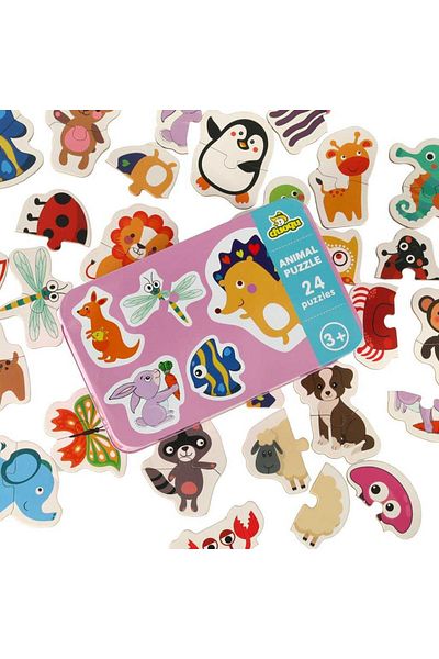 Micostore Set of 24 Educational Puzzles with Animals and Insects, Metal Storage Box, 6.5x5.5 cm, 3 years+