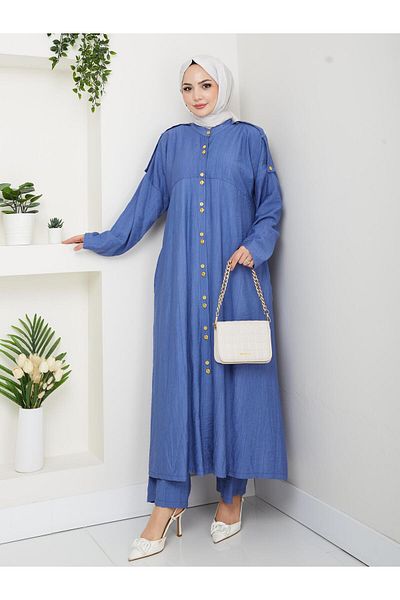 HARMAN BUTİK Women's Buttoned Strawberry Fabric Blue Double Suit
