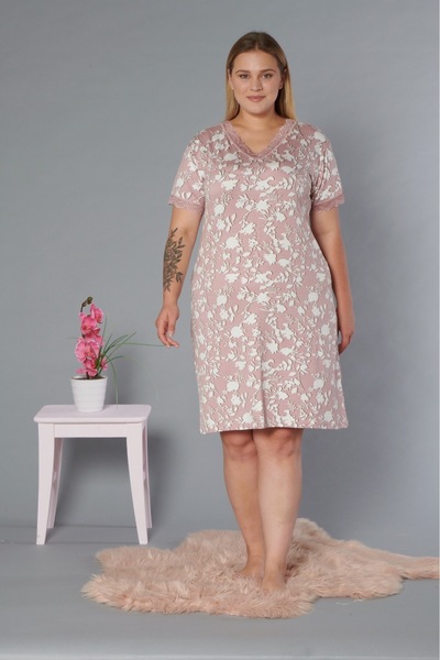 SASİ Kadın Pudra Çiçekli Desen Battal Yumuşak Örme Viskon Gecelik