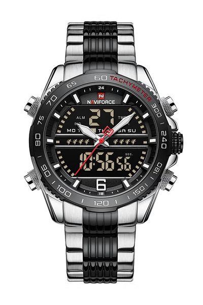 Naviforce Mens Dual Display Sport Watch Stainless Steel Band Analog Digital Quartz Movement Water Resistant