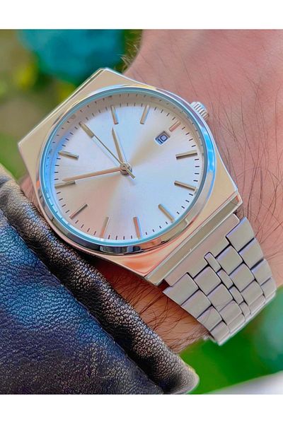 Weluxa Silver Color 36 mm Small Case Calendar Steel Cord Men's Wrist Watch