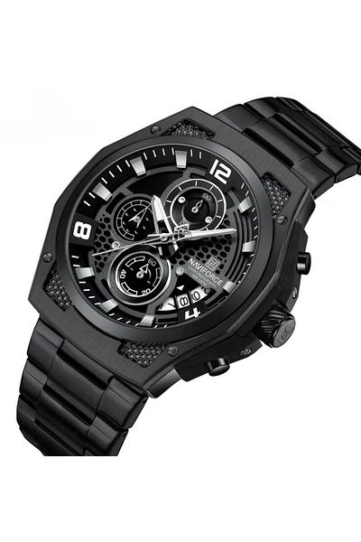 Naviforce Men’s Black Chronograph Stainless Steel Watch with Luminous Hands and Multi-Function