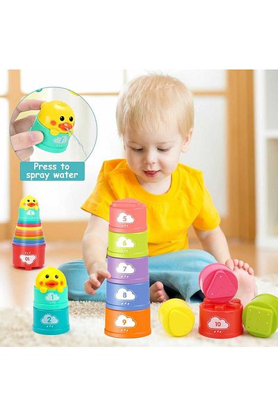 Micostore Bath Cup Tower, 11 Colorful Pieces, Duck Tip, Educational Water Toy, 18 Months+