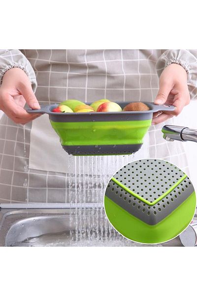 Welora Set of 2 foldable silicone colanders, 2 sizes, Grey/Green, Ideal in any kitchen - Grey/Green