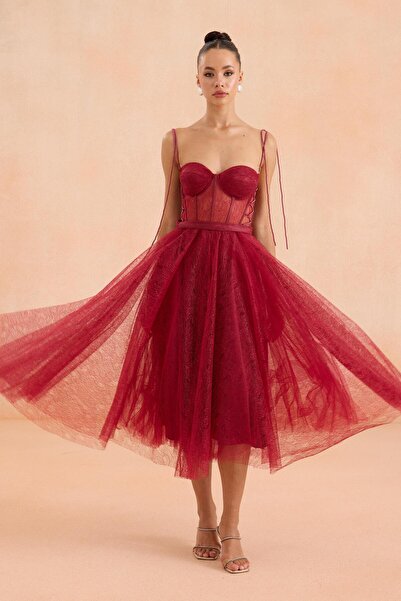 Carmen Bordo Midi Dantelli Abiye Elbise