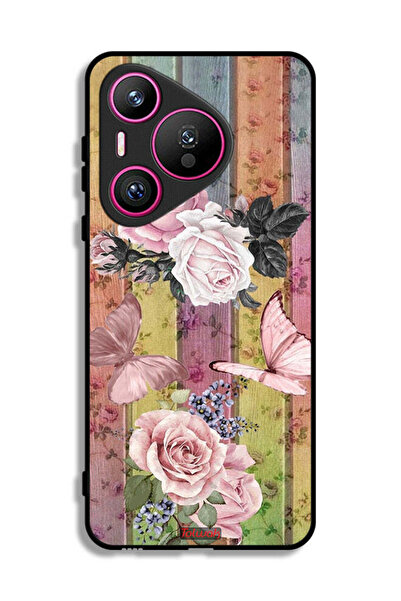 Tolwak غطاء حماية لهاتف هواوي بيورا 70 بنقشة فراشات الخوخ والورود