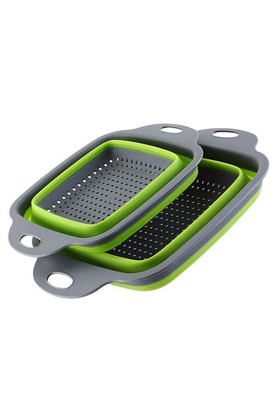 Welora Set of 2 foldable silicone colanders, 2 sizes, Grey/Green, Ideal in any kitchen - Grey/Green