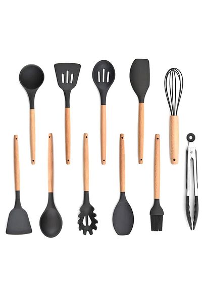 Welora Set of 12 silicone and wooden kitchen utensils with glass holder - Black
