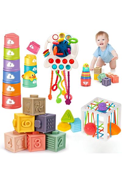 Micostore Set of 4 Baby Toys, Montessori, 6-12-18 Months, Motor Skills, Shape Sorter, Cubes and Stacking