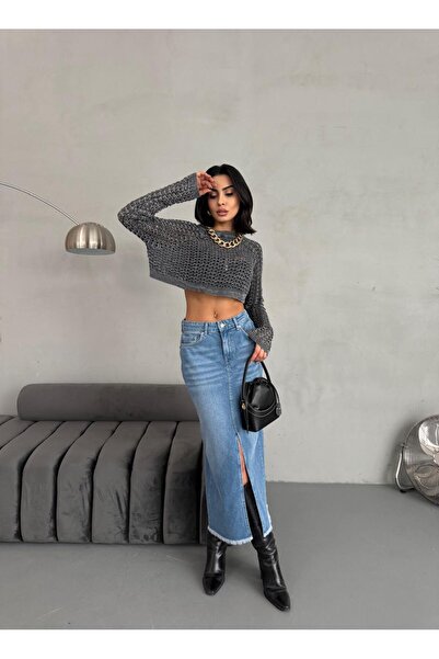 XBELLA DENİM KADIN MAXİ BOY KOT ETEK ÖN YIRTMAÇ DETAYLI UZUN