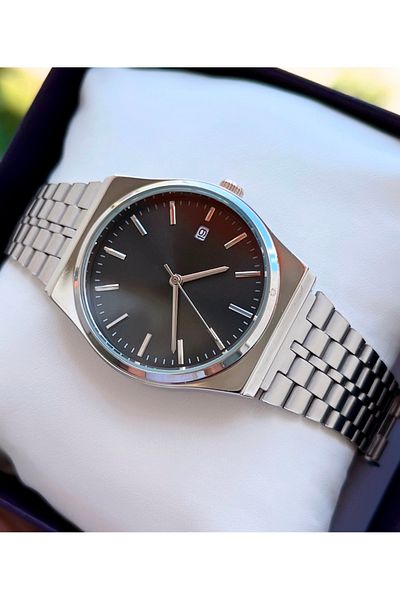 Weluxa Silver Color 36 mm Small Case Calendar Steel Cord Men's Wrist Watch