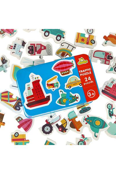 Micostore Set of 24 Educational Puzzles with Means of Transport, Metal Storage Box, 5.5x6 cm, 3 years+