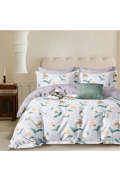 Pucioasa Double percale bed linen 6 pieces 100% cotton, grey with flowers, duvet cover 200x230cm