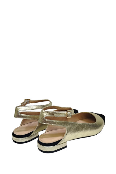DRY SHOES Hakiki Deri Altın Kadın Babet Ayakkabı Sivri Burun Arkası Açık Bantlı Büyük Küçük Numara DRY-1830