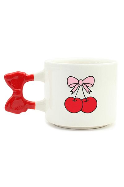 PALTO TASARIM Cherry Patterned Handmade Cream Shiny Ribbon Handle Mug - Handcrafted Gift Mug Cup Mug