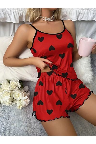 HUBANN Heart Patterned Red Color Shorts Pajama Set with Strap