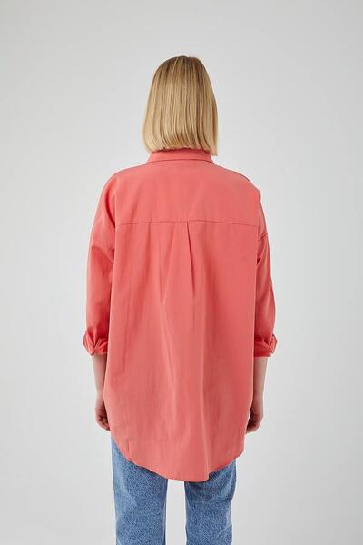 Mixray 4053 Women's Single Pocket Oversize Basic Shirt Pomegranate