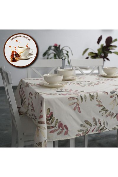 Pucioasa Teflon-coated cotton tablecloth, round, diameter 180cm, pastel leaves