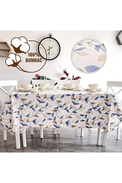 Pucioasa Teflon-coated cotton tablecloth, round, diameter 140cm, Blue and beige leaves