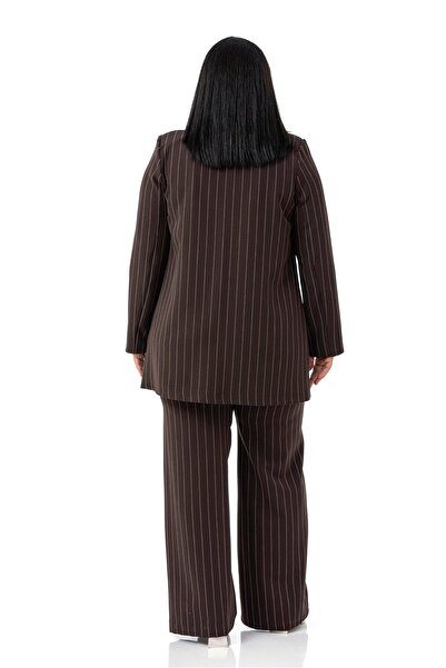 DISENTIS MODEST Plus Size Striped Brown Jacket Pants Double Suit