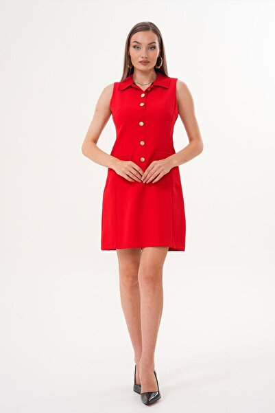 Flame İstanbul Butik Double Pocket Detail Button Above Knee Red Dress Mck5015
