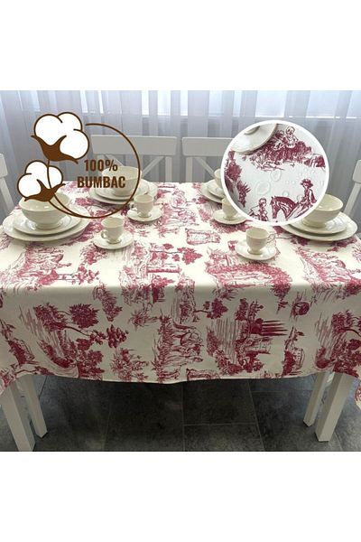 Pucioasa Teflon-coated cotton tablecloth, round, diameter 160cm, burgundy vintage landscape